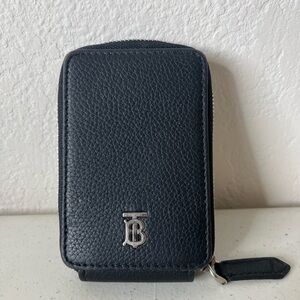 Burberry Black Pebbled Leather Zip Card Case with Silver TB Logo